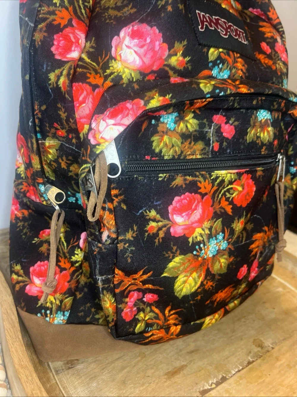 Jansport Black Floral Backpack with Pink and Orange Blooms